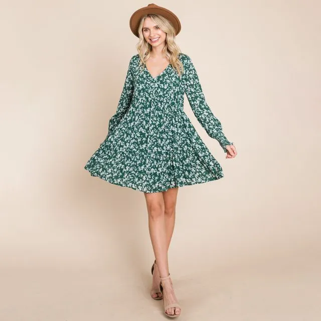 V neck Floral Printed Long Sleeve Pleated Dress, SML(2-2-2)/1Pack