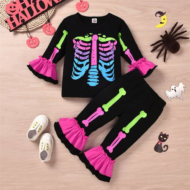 Girls Halloween Flared Long Sleeve Top + Pants Set/ Pink