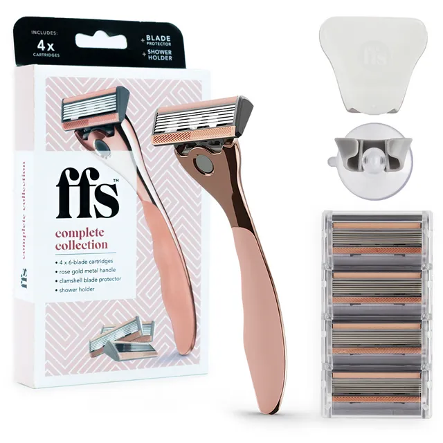 FFS Beauty Starter Shaving Set – Premium Rose Razor Handle, 4 SmoothGlide 6-Blade Cartridges