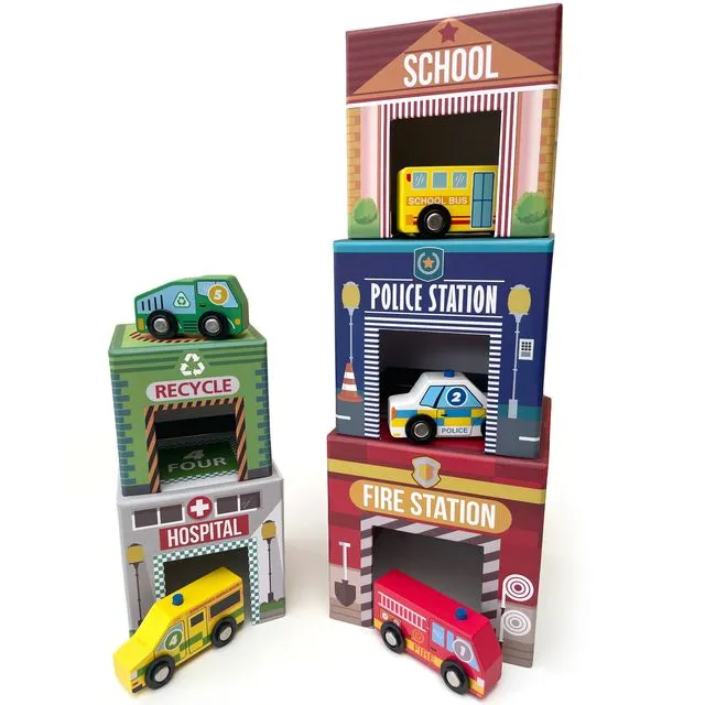 TRAFFIC MATCH ‘N STACK BLOCKS WITH WOODEN VEHICLES