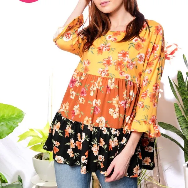 CT43806B -TIERED FALL FLORAL PRINT TOP WITH 3/4 SLEEVES-PACK OF 6 -PLUS SIZE