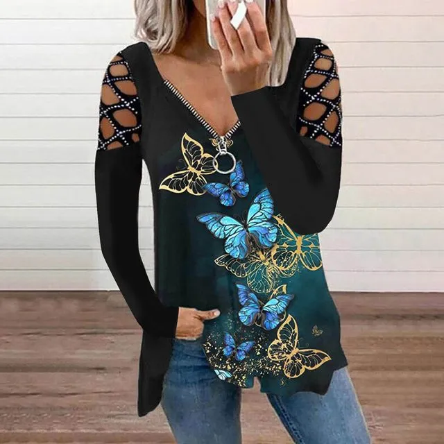 V-neck Perm Cutout Long-sleeved Loose T-shirt/ Butterflies