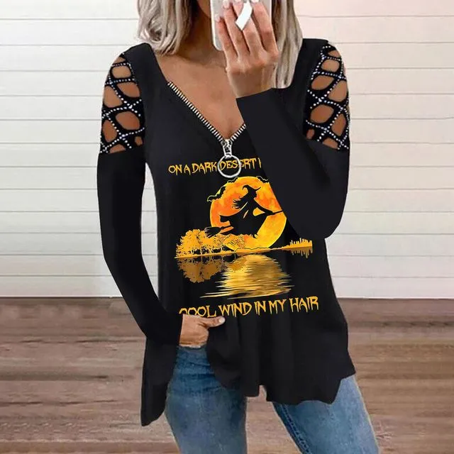 Halloween Theme V-neck Perm Cutout Long-sleeved Loose T-shirt/ Yellow Witch