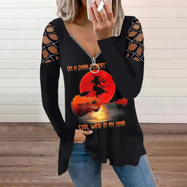 Halloween Theme V-neck Perm Cutout Long-sleeved Loose T-shirt/ Red Witch