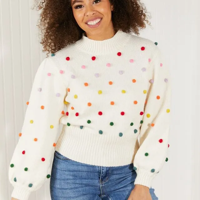 Davi & Dani Pop of Color Full Size Rainbow Pom Pom Sweater