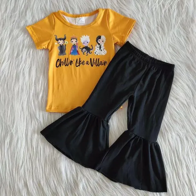 Yellow Screen print witches shirt pants girls outfit