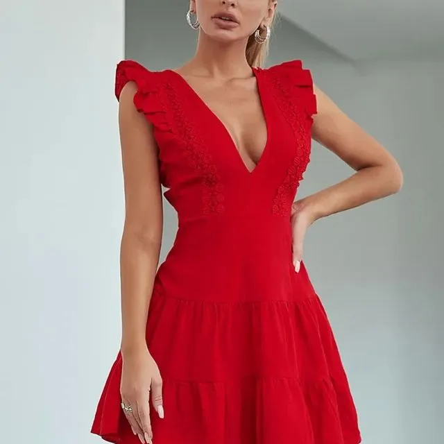 Double Crazy Knot Back Guipure Lace Insert Ruffle Trim Dress-Red