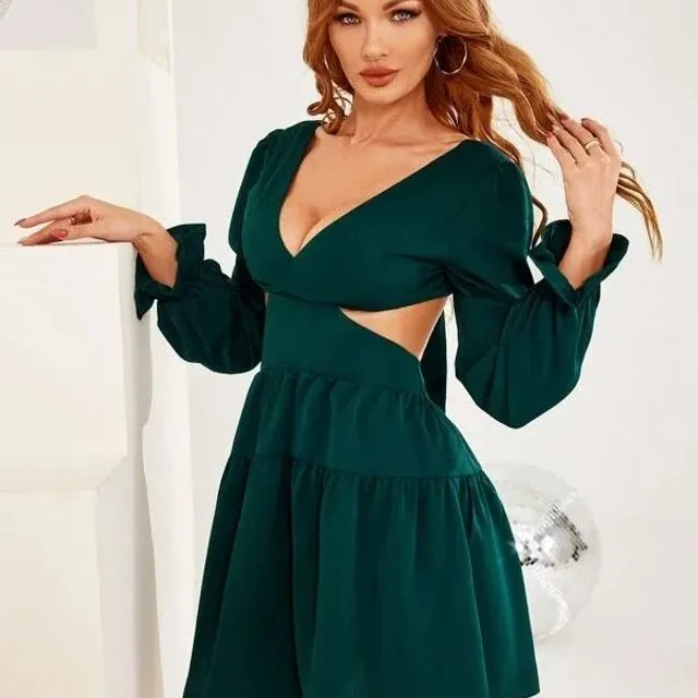 Double Crazy Plunging Neck Cut-out Tied Backless Ruffle Hem Dress-Dark Green