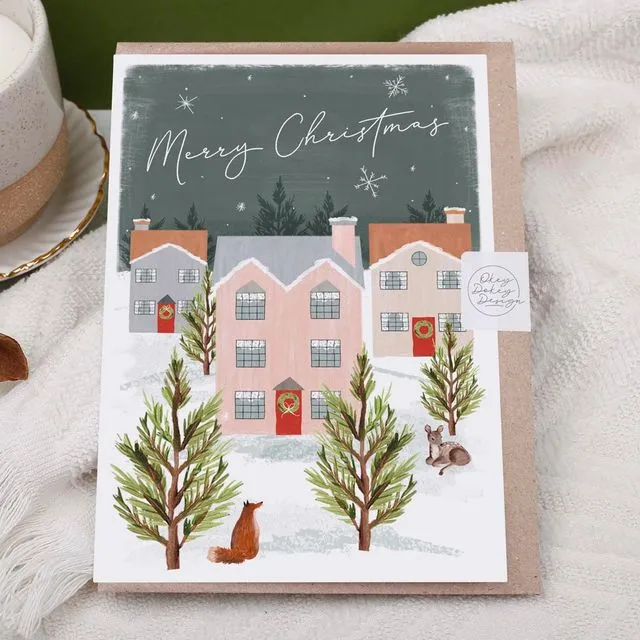 Merry Christmas Card | Holiday Card | Snowy House Village