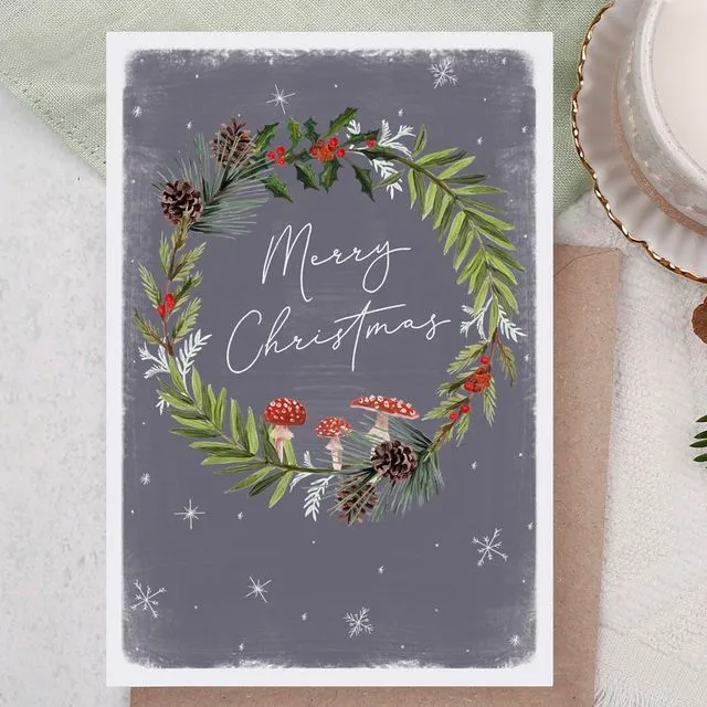 Merry Christmas Card | Holiday Card | Wreath & Mushrooms