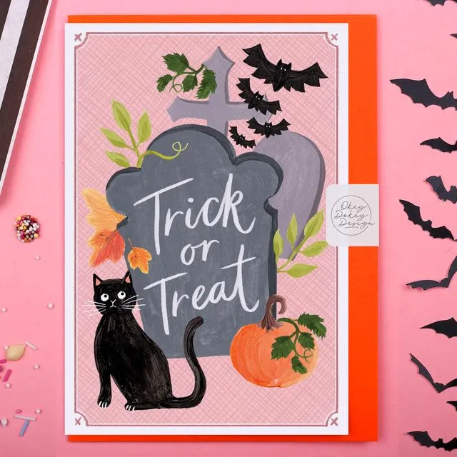 Halloween Card | Trick or Treat Cat Gravestone Greeting Card