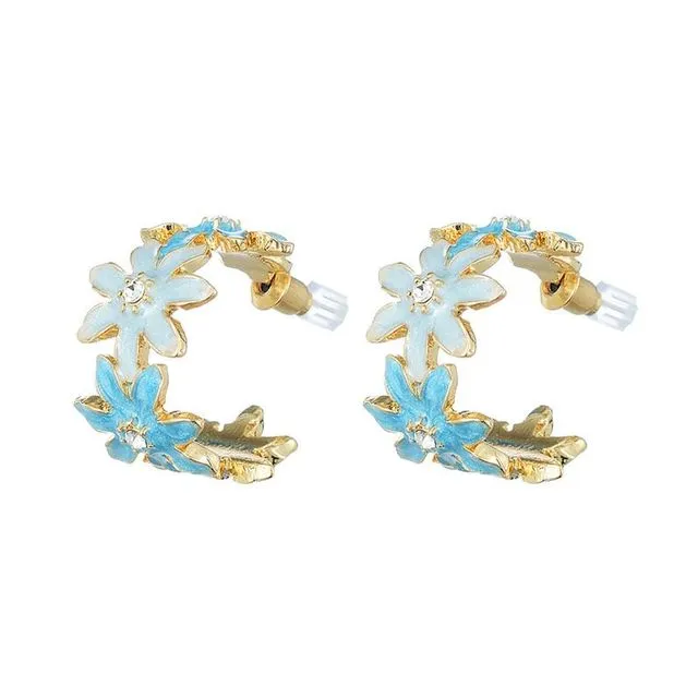 Blue Floral Hoop Earrings