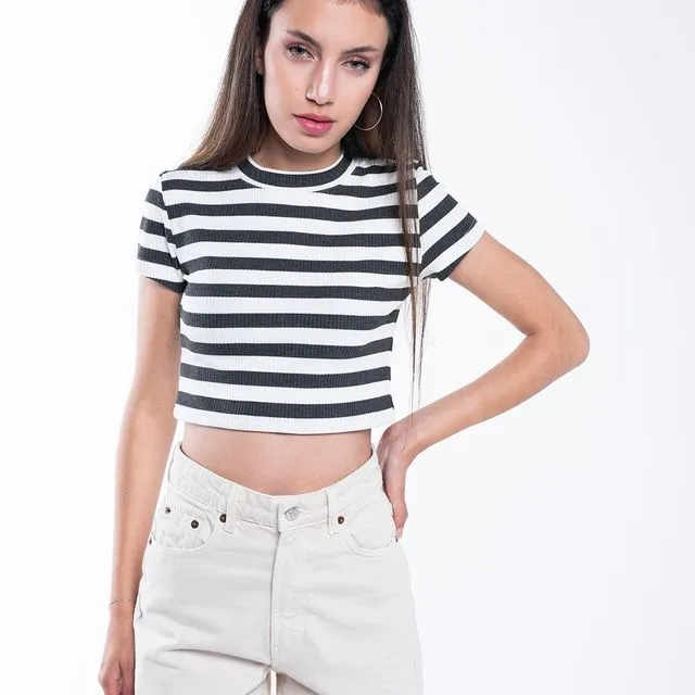 Ribbed Striped Crop T-Shirt - Charcoal Striped