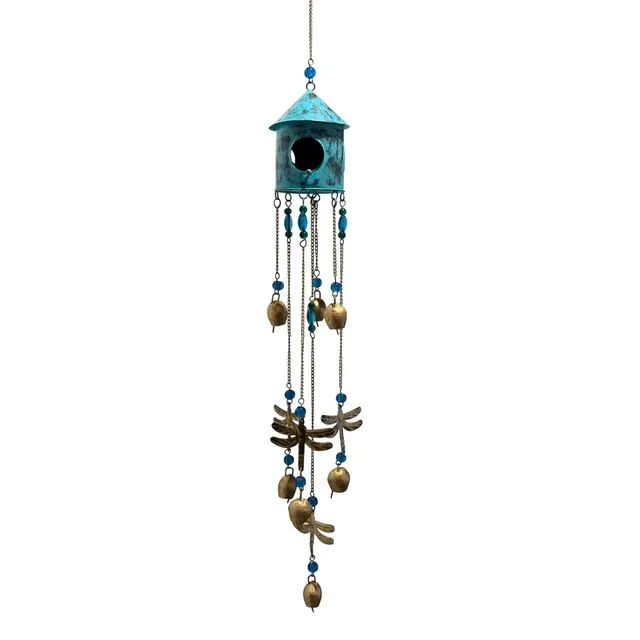 Fiesta Birdhouse Windchime with Ornaments & Mini Cowbells Turquoise