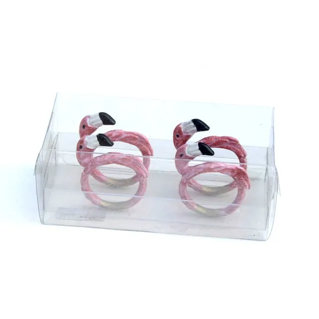 Set of 4 "Flamingo Beach" Enamel Hand-Painted Napkin Rings