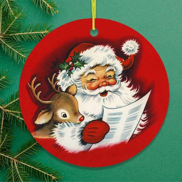 Santa and Baby Reindeer Singing a Christmas Carol Ornament