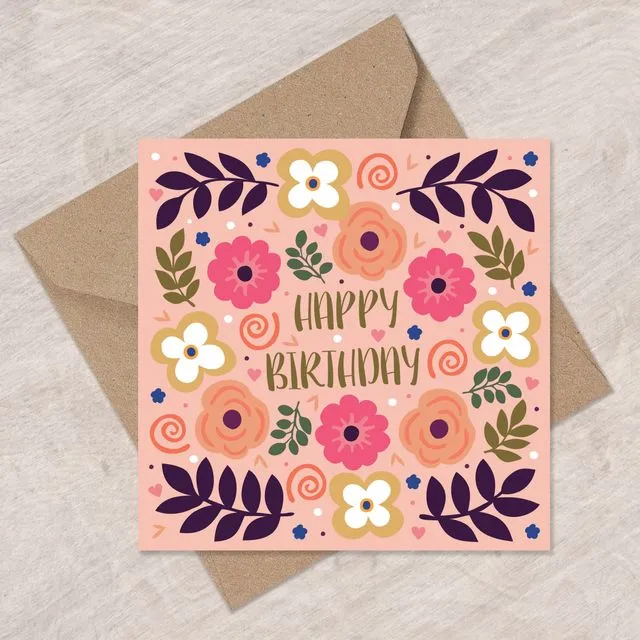 Birthday Vibrant Flowers and Leaves cards x6, Eli the Goat