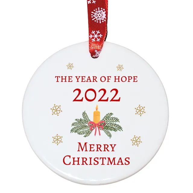 Second Ave Merry Christmas 2022 Year of Hope White Ceramic Hanging Circle Christmas Xmas Tree Decoration Bauble