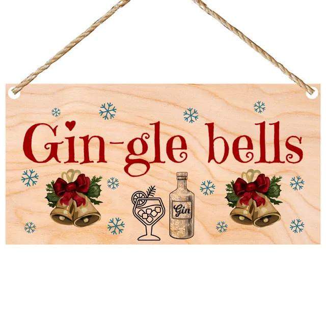 Second Ave Gin-gle Bells Wooden Hanging Gift Rectangle Christmas Xmas Decoration Sign Plaque
