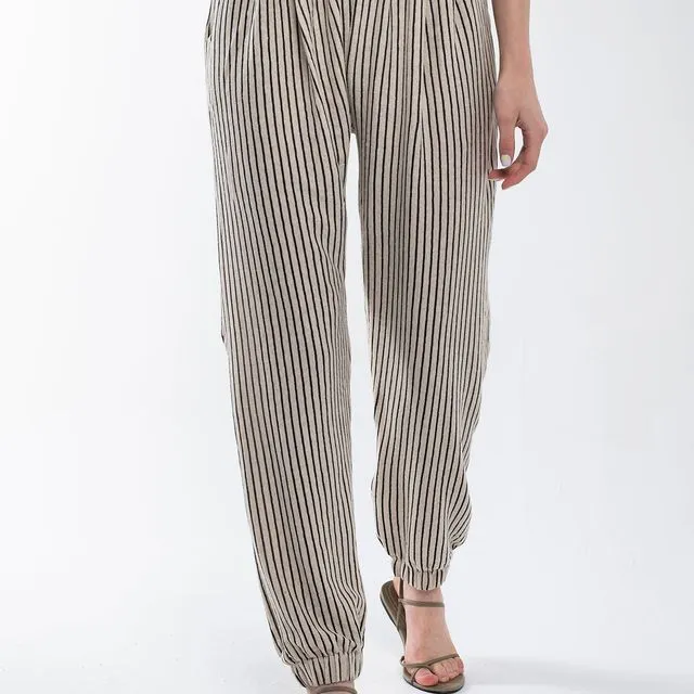 Striped Linen Pants with Elastic Legs - Black & White Striped