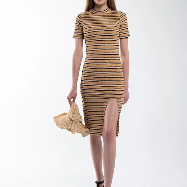 Rib Knit Dress - Brown-Black-White Striped