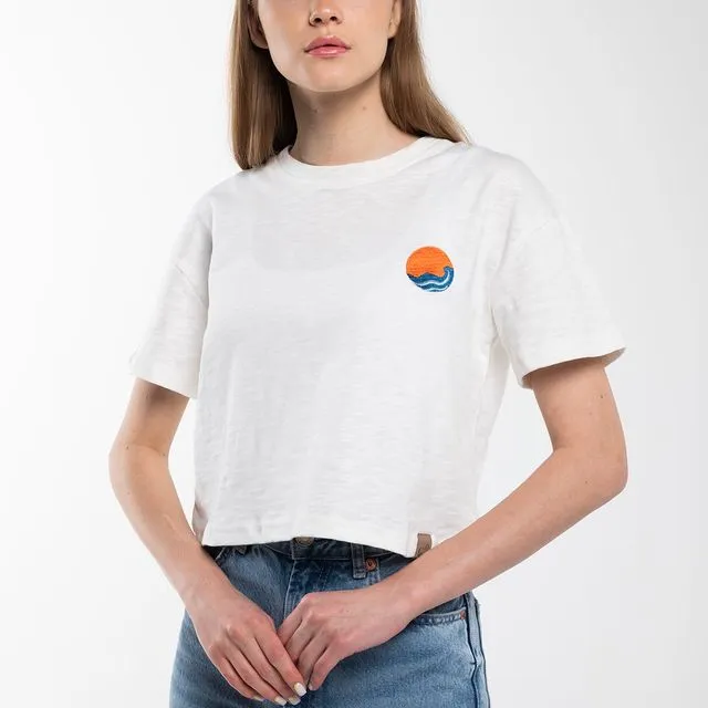White Nature Embroidery T-Shirt - Water
