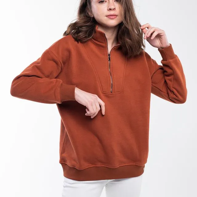 Zipped Neck Sweatshirt - Red Brown