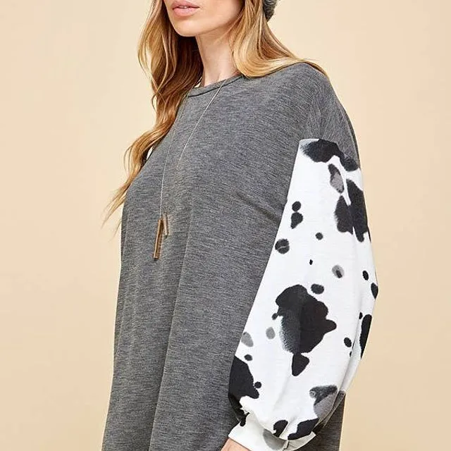SPT5173P-PLUS SIZE SOLID WITH COW LONG SLEEVES TOP Charcoal / Size, Prepack / 2-2-2,1X-2X-3X