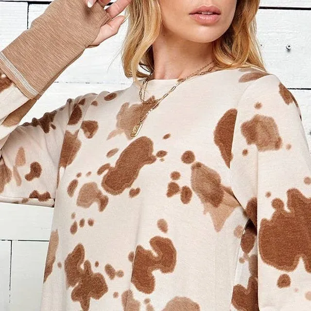 SPT5171-SHOPIN LA-COW PRINT LONG SLEEVE TOP WITH OPEN THUMB CUFF Taupe / Size, Prepack / 2-2-2,Small-Medium-Large