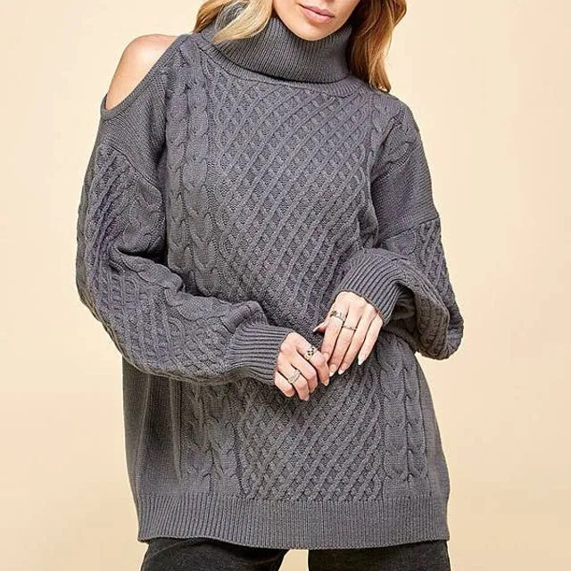 SHOPIN LA-WOMEN SOLID TURTLE NECK COLD SHOULDER SWEATER Charcoal / Size, Prepack / 2-2-2,Small-Medium-Large
