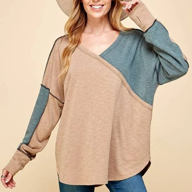Plus Size- PLUS COLOR BLOCK OUT STITCHING LONG SLEEVE TOP Burgundy/Charcoal / Size, Prepack / 2-2-2,1X-2X-3X