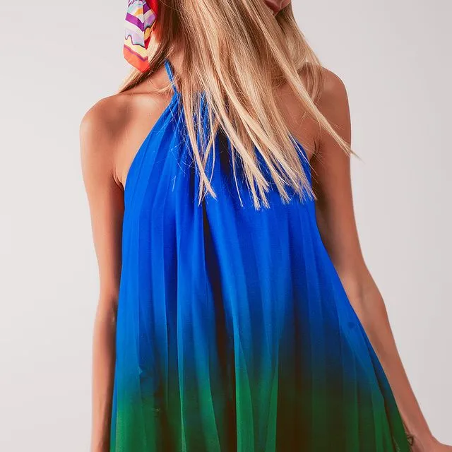 HIGH NECK PLEAT TOP IN BLUE OMBRE
