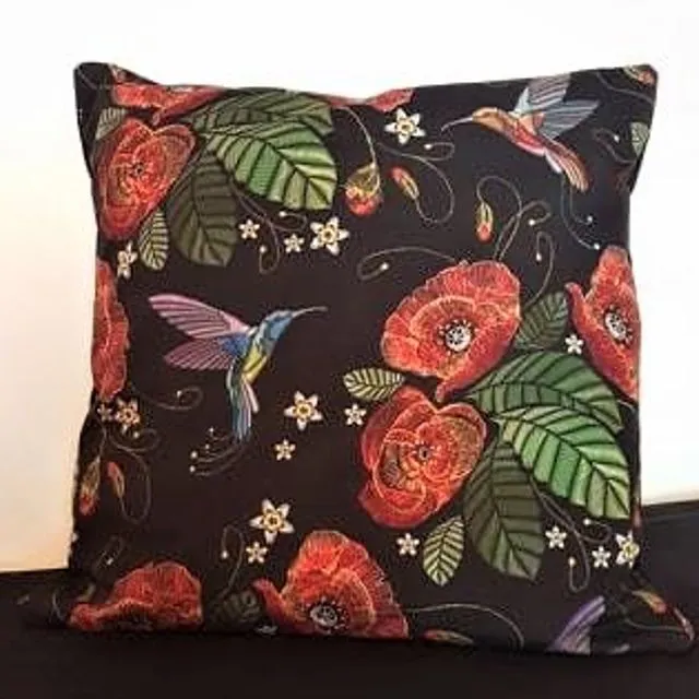 Humingbird and Poppies Decorative Cushion