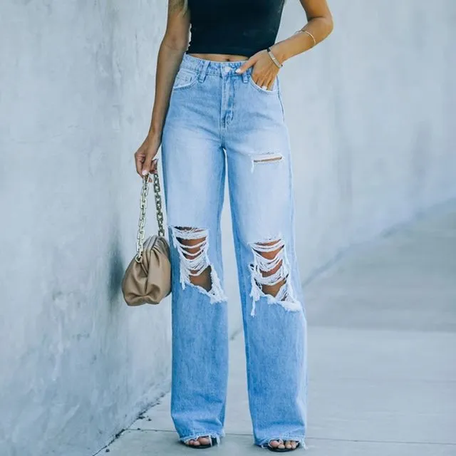 Simple Loose Mid-Waist Ripped Jeans-BLUE