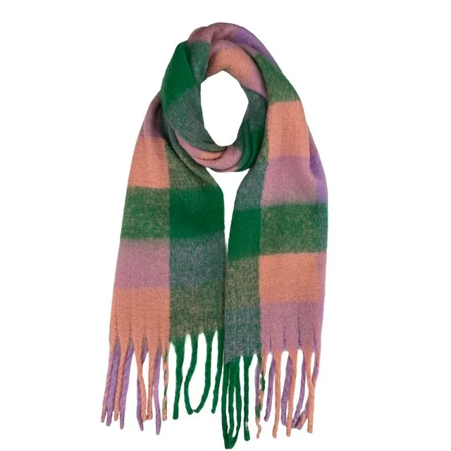 Soft multi coloured checked scarf with tassels in Old Skool