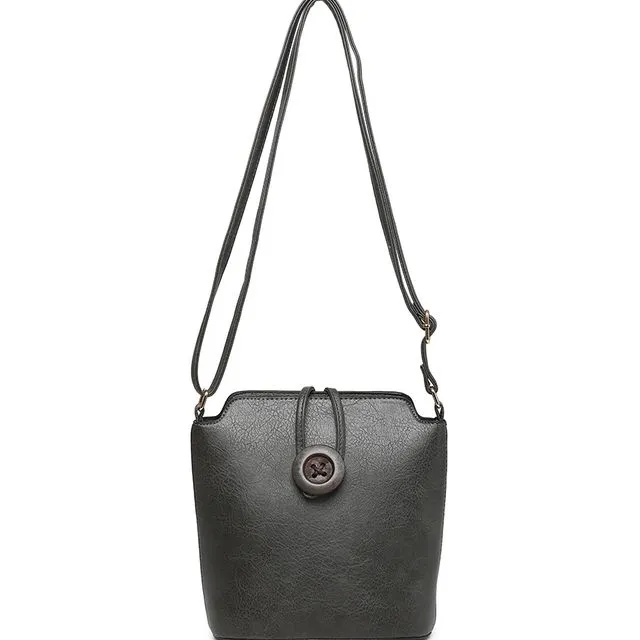 Ladies Cross Body Bag with Wood Button Well-organized Shoulder handbag Long Strap - z-1971M grey