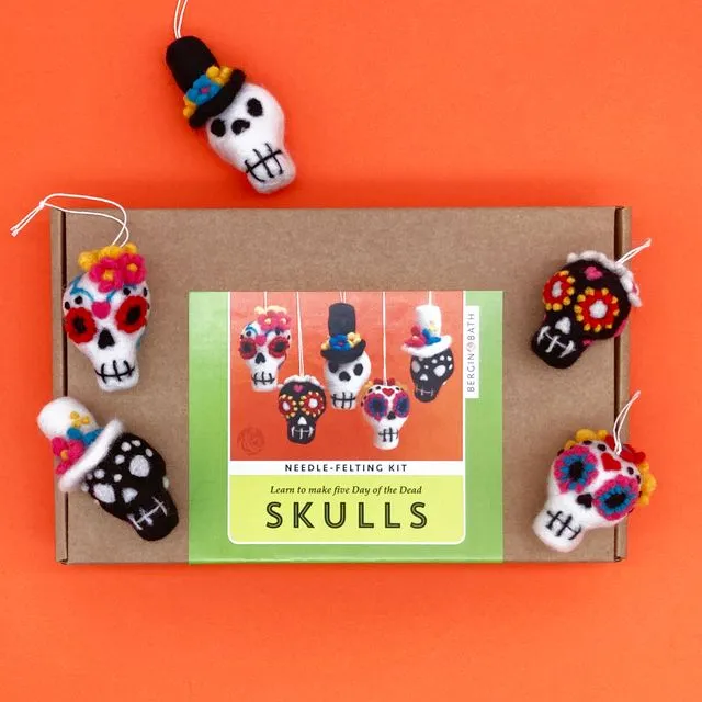 Needle Felting Kit - Sugar Skulls. Learn to make FIVE Halloween decorations from natural wool fibres.