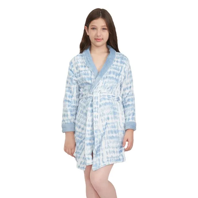 Bathrobes For Girls Ultra Soft Fleece Girls Robe - Blue Tie-Dye