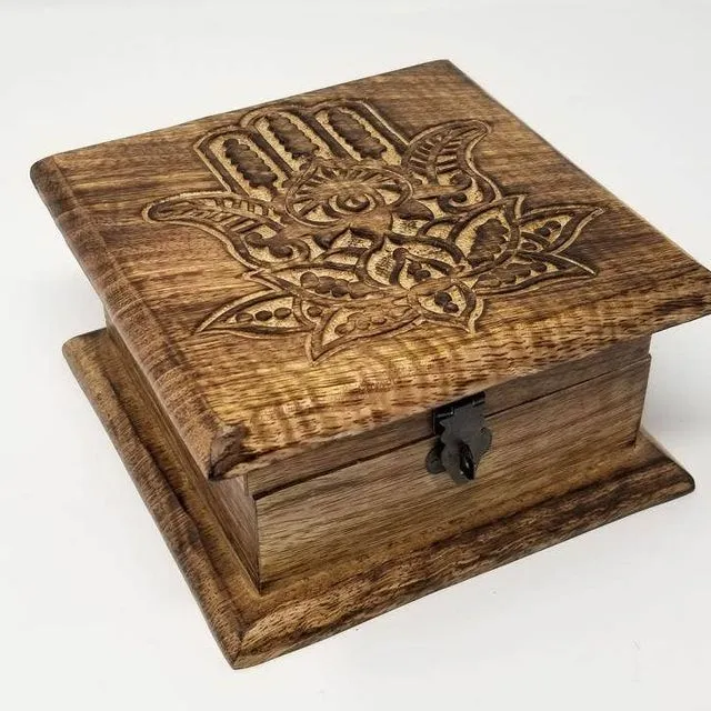 Lotus Hamsa Hand Carved Wood Box 6"x6"