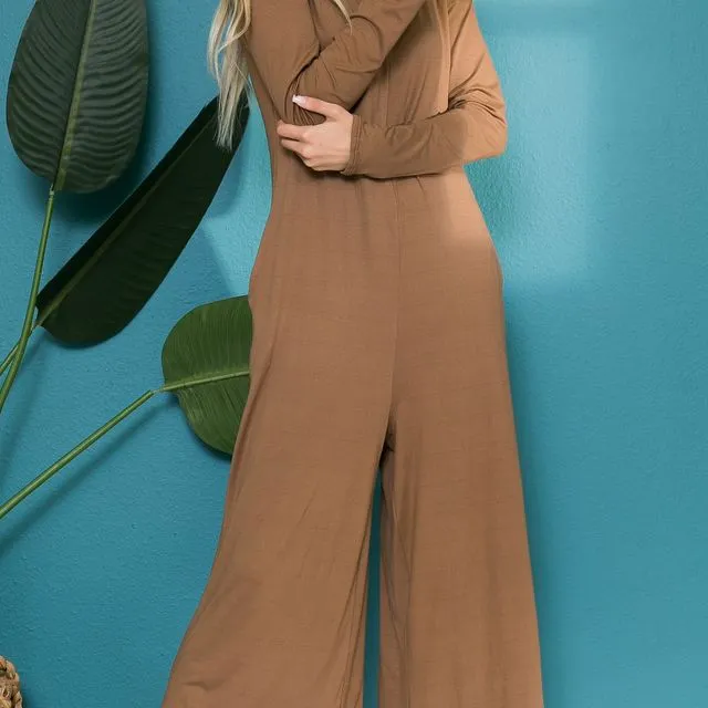 Double V Neck Long Sleeve Jumpsuit - Taupe