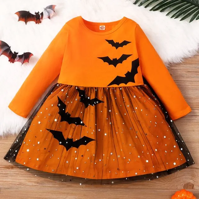Halloween Long-sleeve Bat-mesh Dress/ Orange