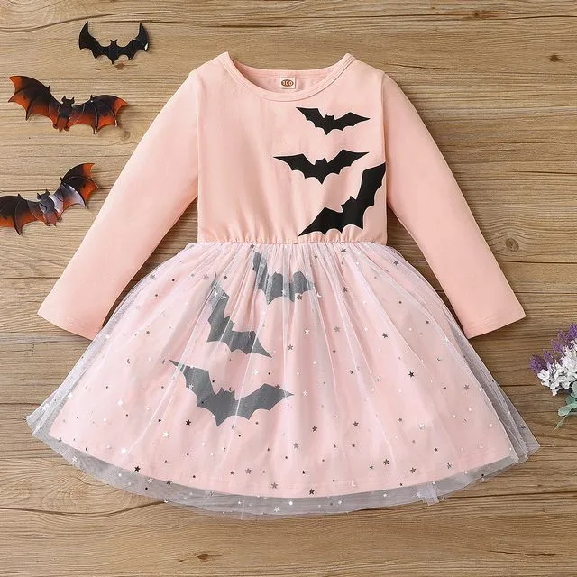 Halloween Long-sleeve Bat-mesh Dress/ Pink