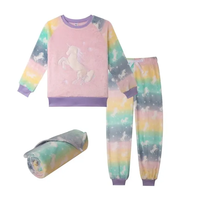 Girls' Pajama Set With Blanket Fleece Girls Pjs Gift Set - Unicorn