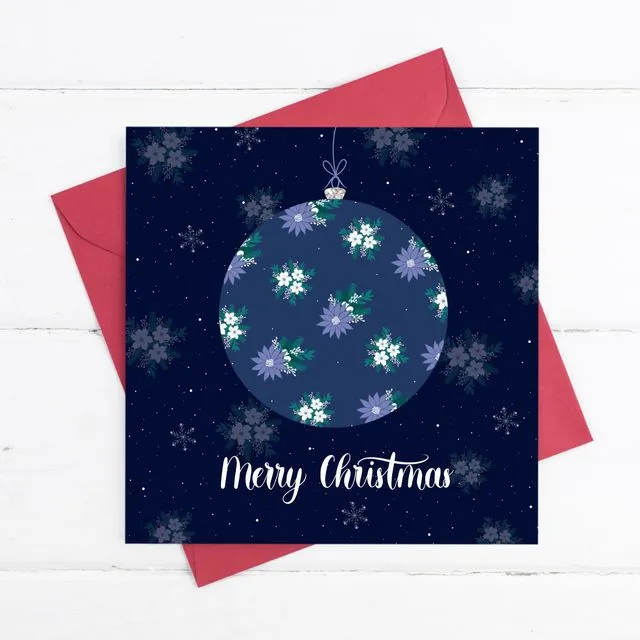 Floral Merry Christmas Card Blue Flowers