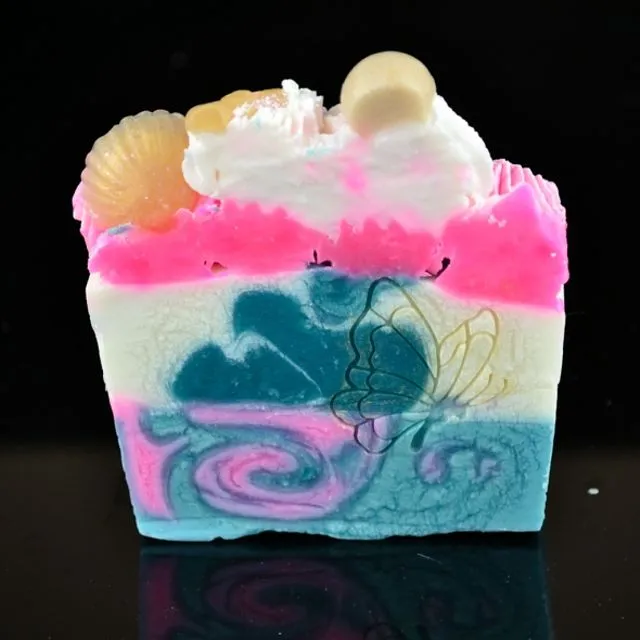 Mermaid Hollow Soap Slice with Butterfly Embossing in Aqua Blossom and Coral 120g - Vegan - Natural Soap - Cold Process - SLS Free
