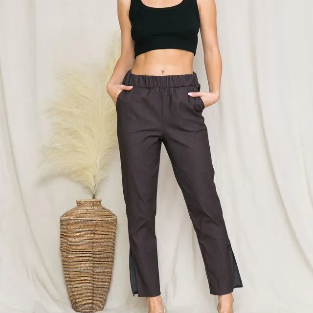 Women Causal Slim Fit Pants With Side Slits - BROWN