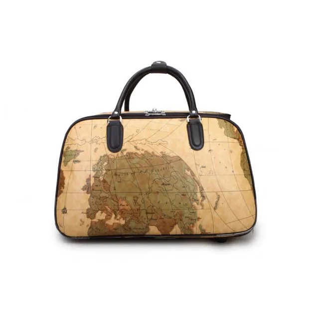 Map Pattern Holdall Trolley 3 Compartments Travel Luggage Bag Cabin Bag with Wheels Holiday Bags - Holdall-113-Map-S