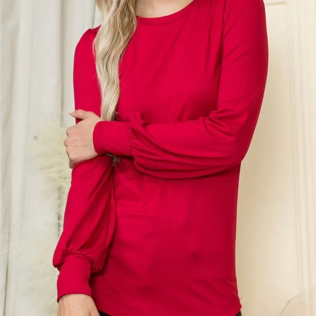 Women's Favorite Long-Sleeve Crewneck knit top with cuffs - RED
