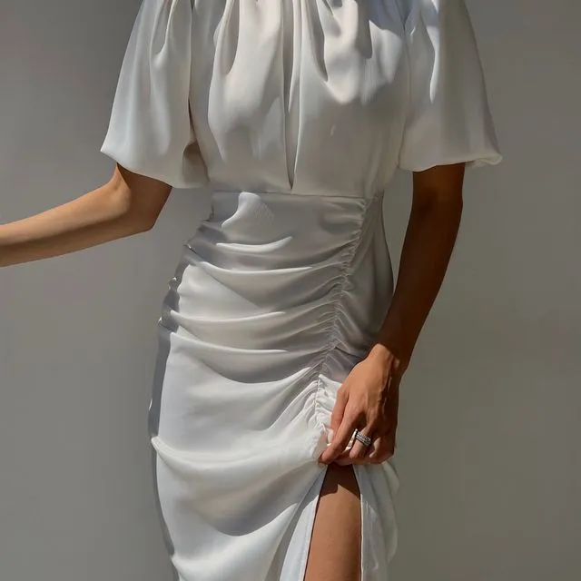 Amanda Ruched Halter Dress (White)
