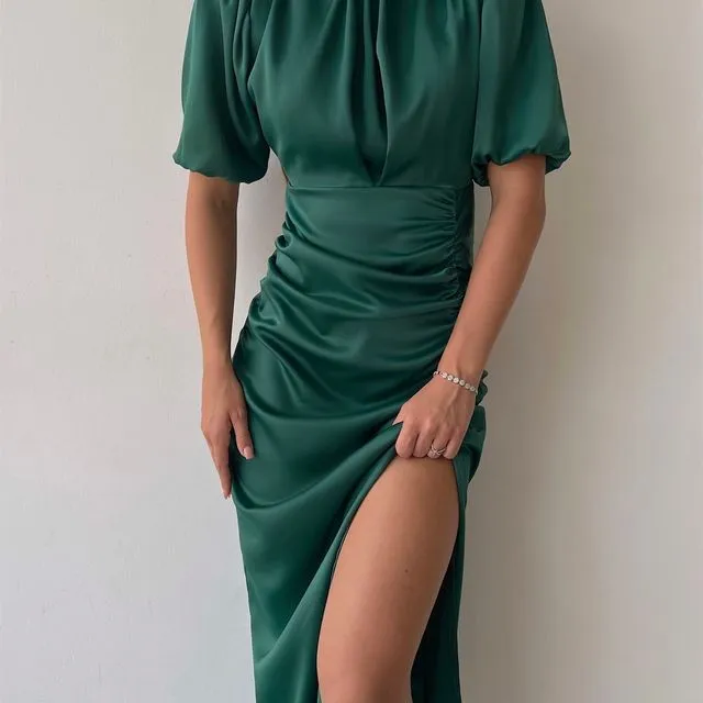 Amanda Ruched Halter Dress (Emerald Green)
